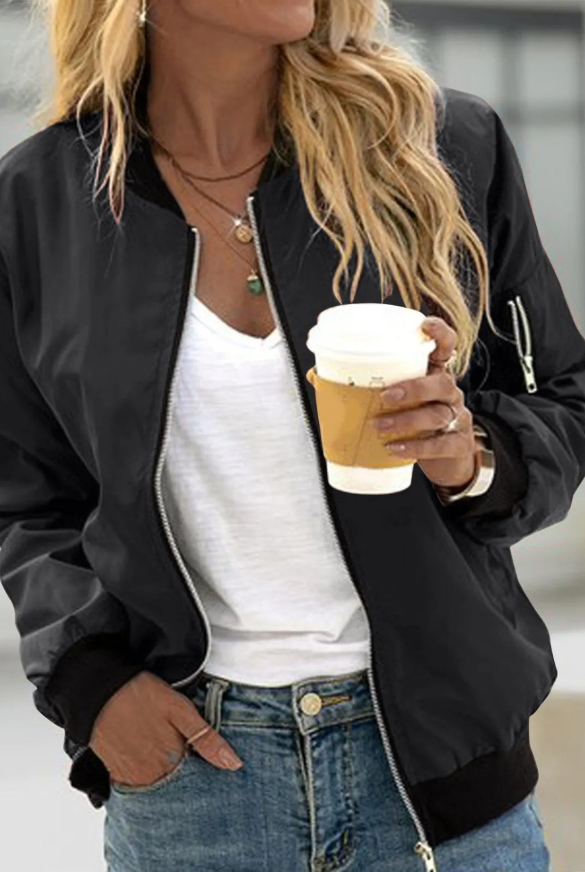 Rib-Knit Bomber Jacket in Black — front view