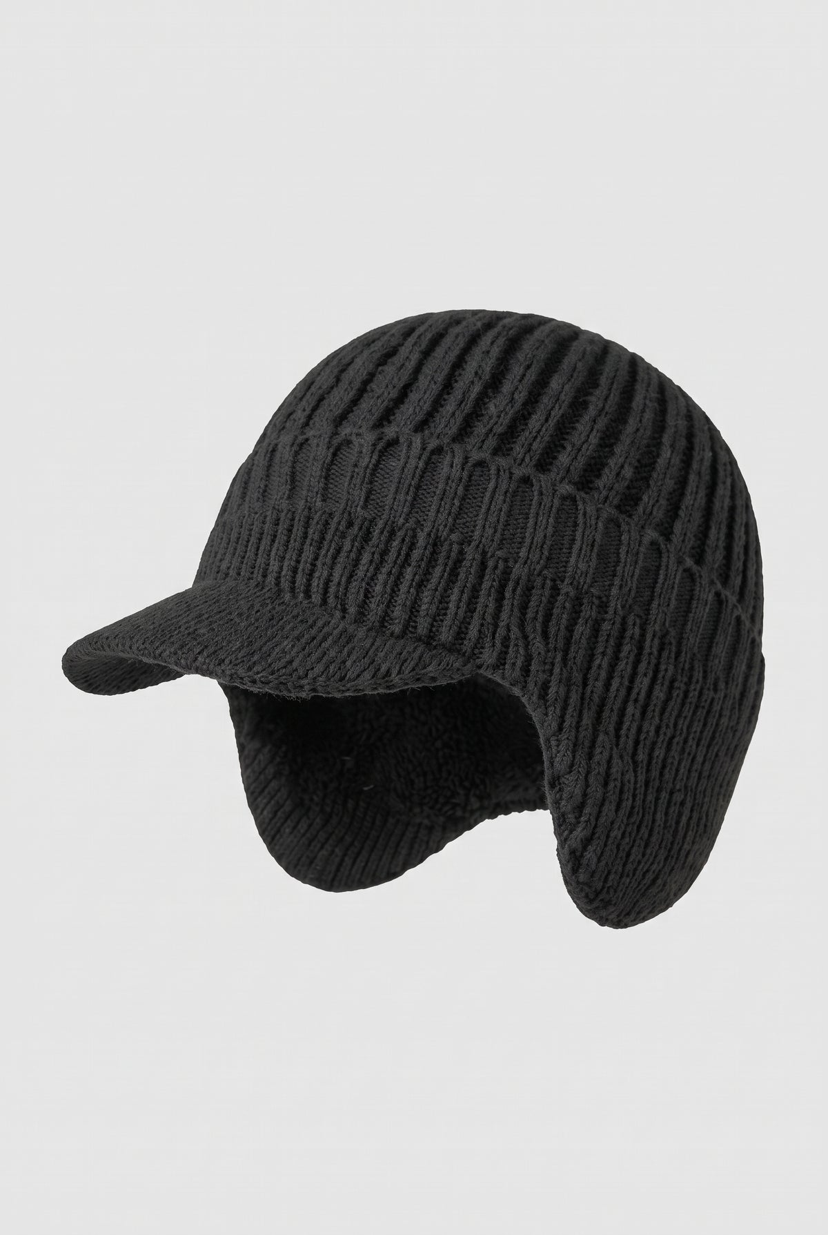 Rib Knit Earflap Beanie in Black — studio front
