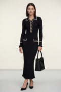 Black Ribbed Collared Maxi Dress with Contrast Trim - Photo 4