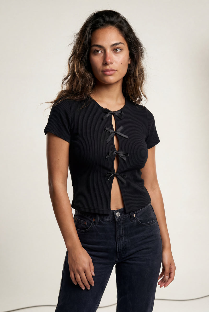 Black Ribbed Cut-out Short Sleeve Top with Front Tie Detail - Short sleeve tops - Photo 4
