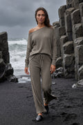 Gray Ribbed Off-shoulder Lounge Set with Wide-leg Pants - Photo 14