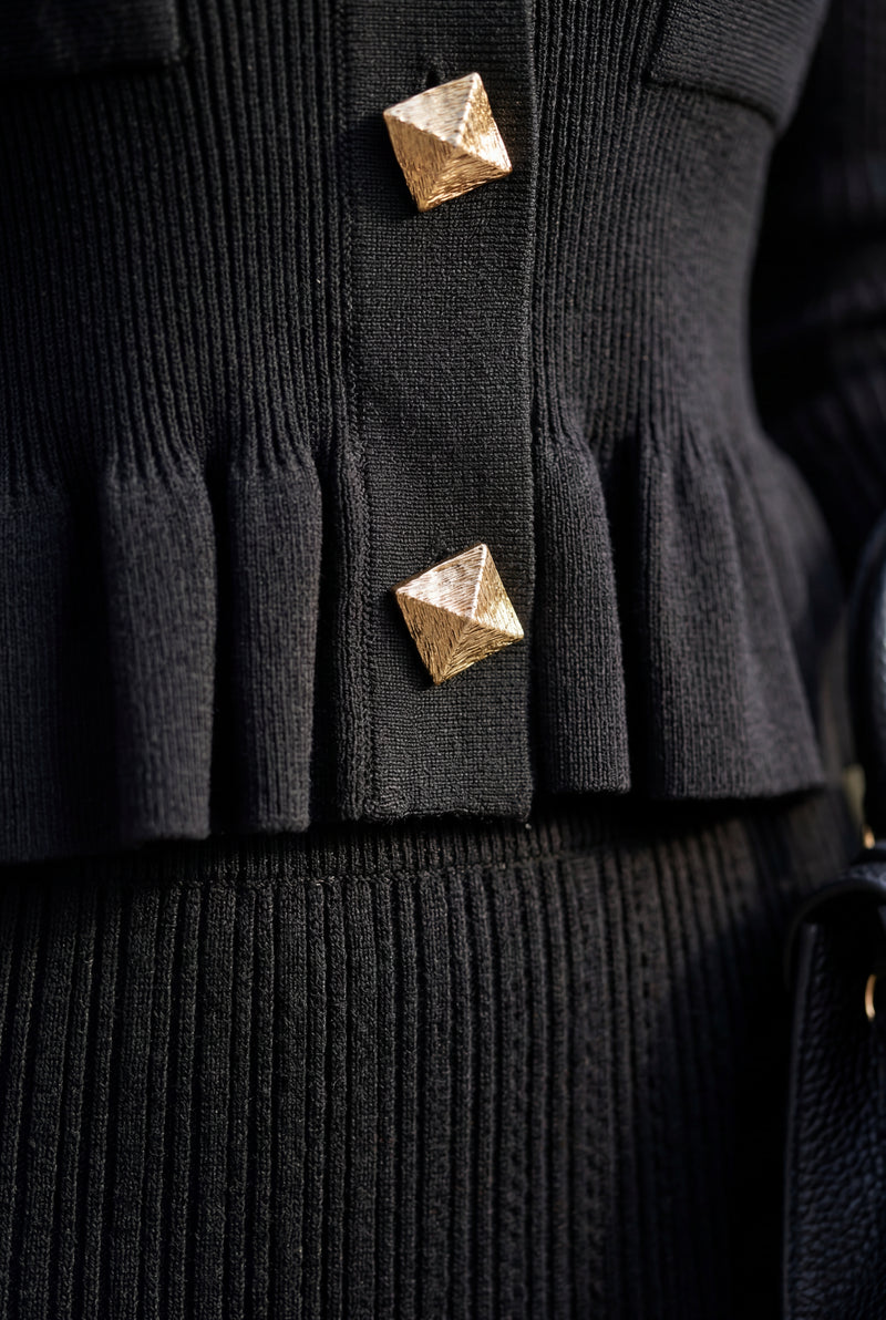 Black Ribbed Peplum Cardigan and Fluted Midi Skirt Set - Knit set - Photo 4