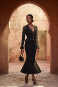 Black Ribbed Peplum Cardigan and Fluted Midi Skirt Set - Knit set - Photo 6