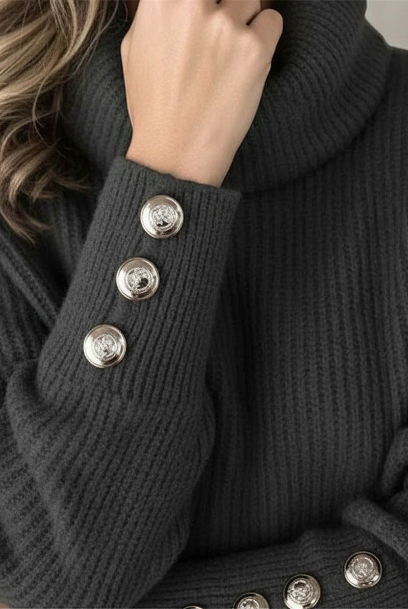 Ribbed Roll-Neck Sweater in Black — detail