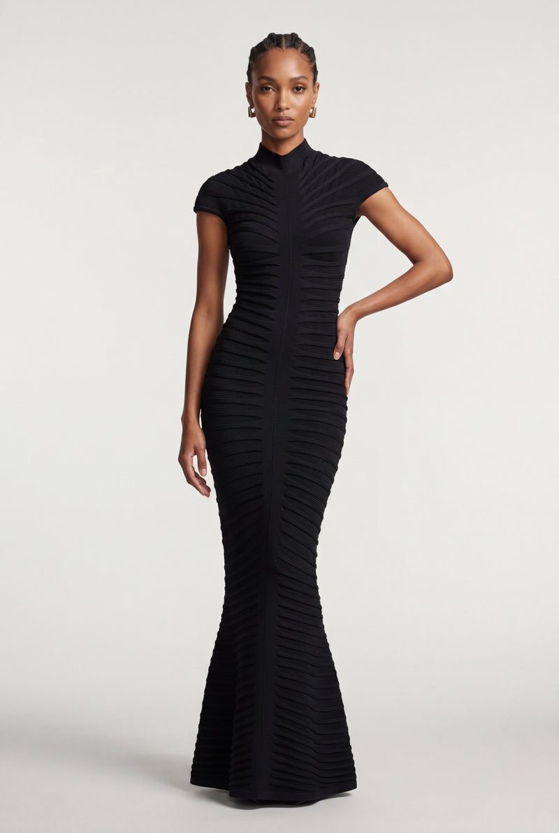 Black Ribbed Sculpted Cap Sleeve Maxi Dress - Photo 1
