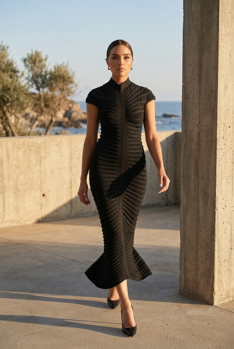 Black Ribbed Sculpted Cap Sleeve Maxi Dress - Photo 3
