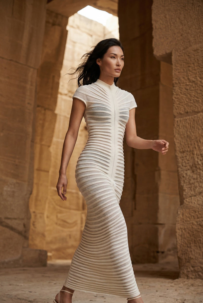White Ribbed Sculpted Cap Sleeve Maxi Dress - Photo 4