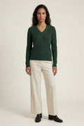 Dark Green Ribbed V-neck Long Sleeve Pullover Sweater - V-neck sweater - Photo 13