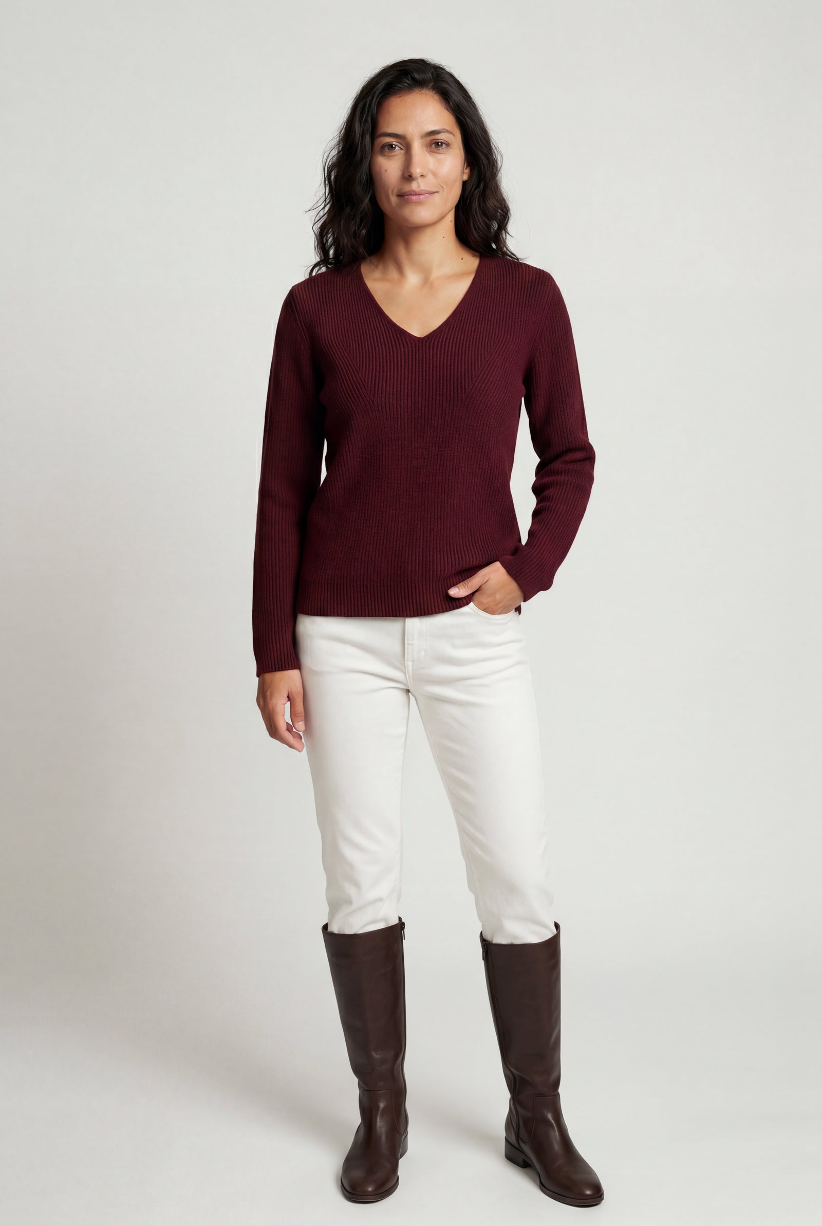 Burgundy Ribbed V-neck Long Sleeve Pullover Sweater - V-neck sweater - Photo 2