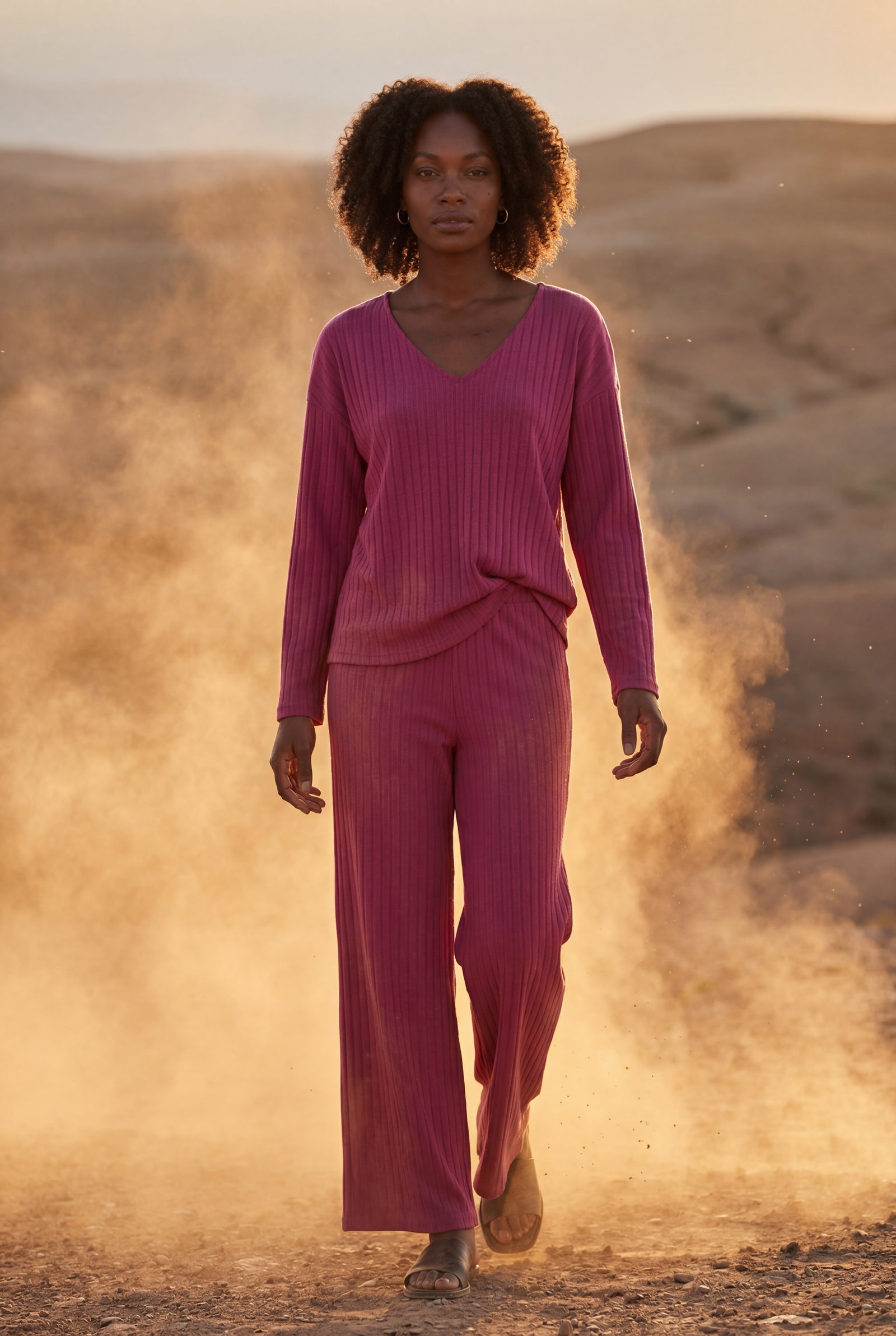 Pink Ribbed Wide-leg Two-piece Loungewear Set - Two-piece set - Photo 7