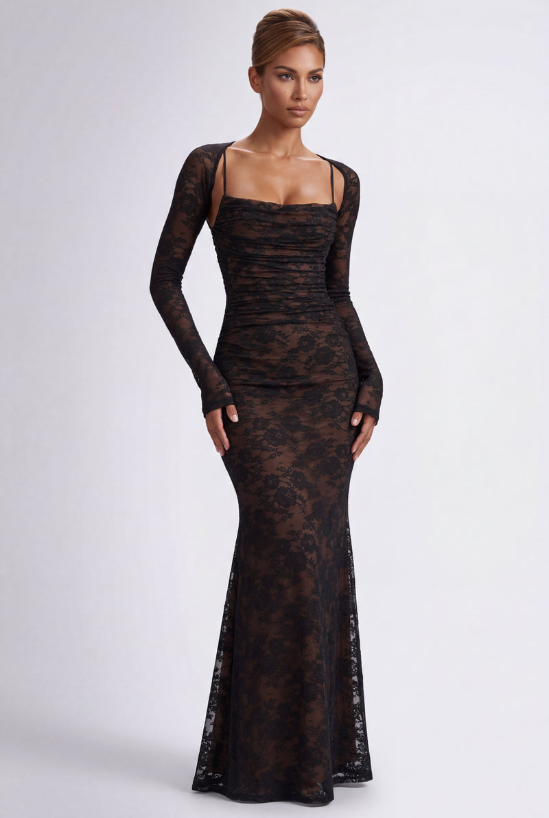 Black Ruched Lace Long Sleeve Maxi Dress - Photo 2