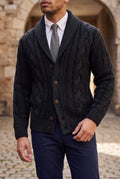 Shawl Collar Cable Knit Cardigan in Black — studio front