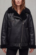Shearling Aviator Jacket in Black — studio front
