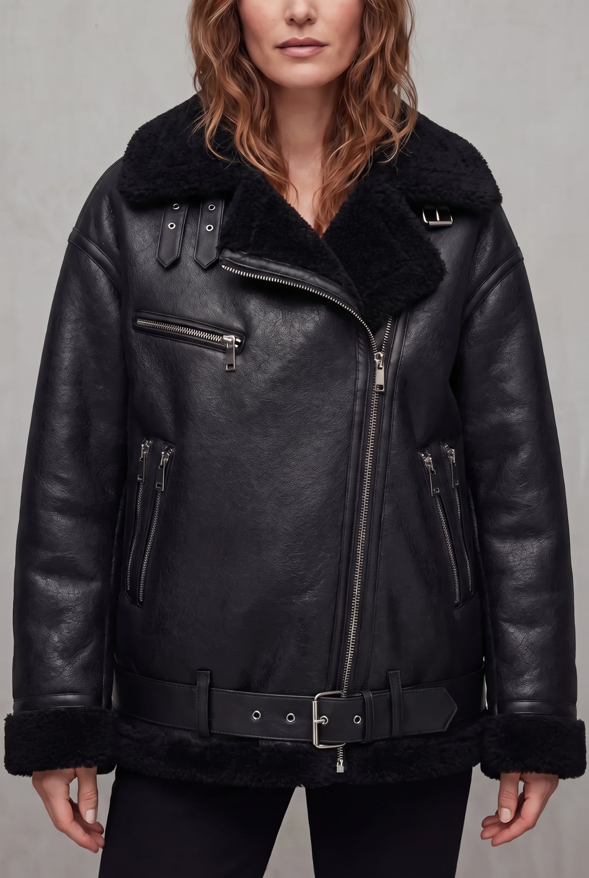 Shearling Aviator Jacket in Black — studio front