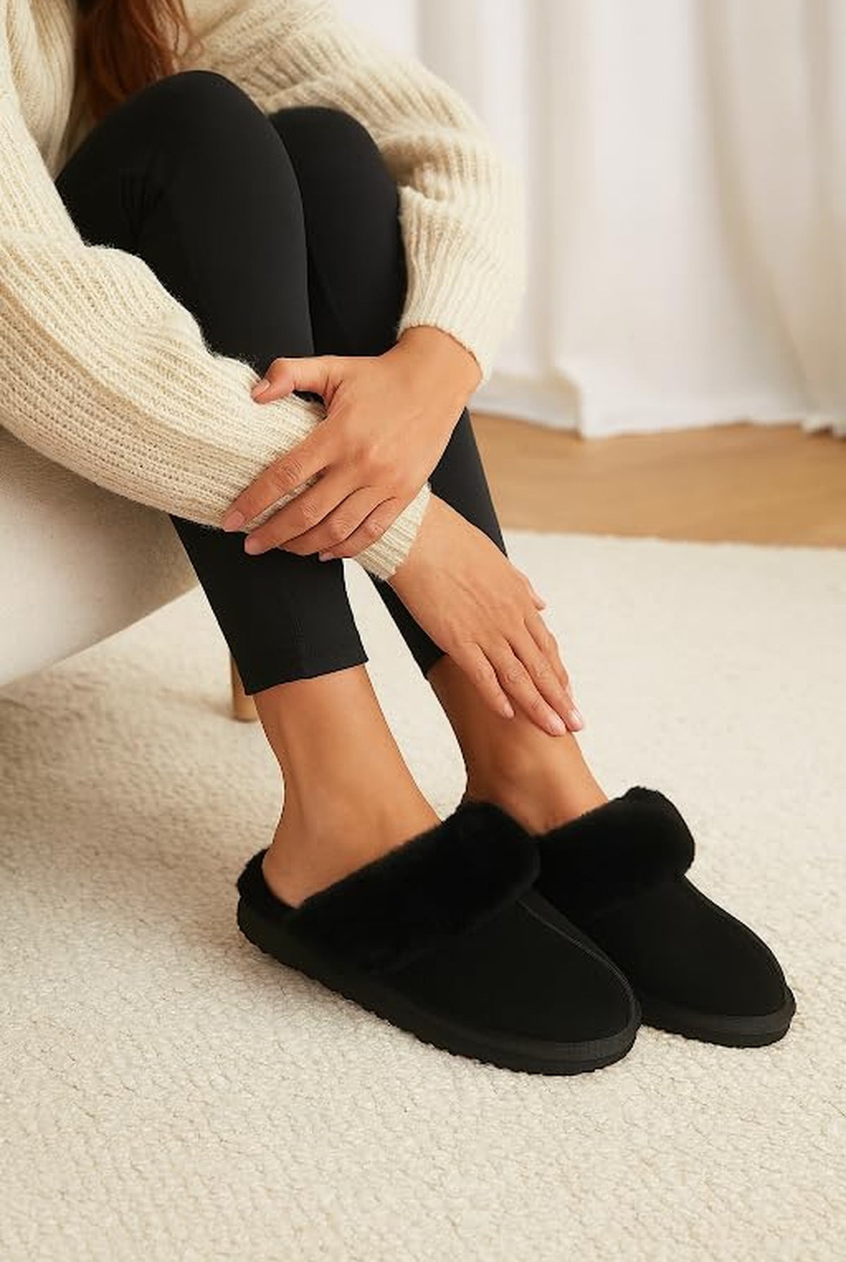 Shearling Open-Back Slippers in Black — detail