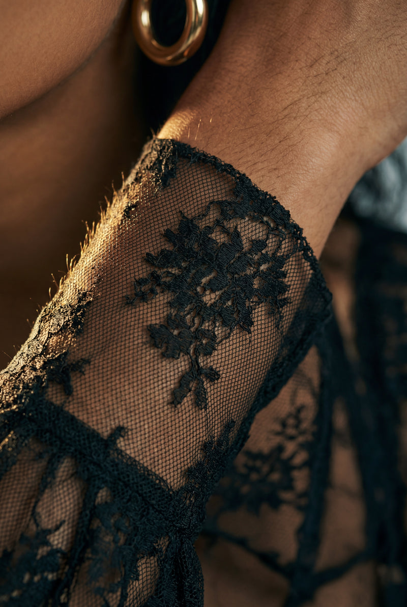 Black Sheer Lace Flared Sleeve Mini Dress with Keyhole Detail - Photo 3