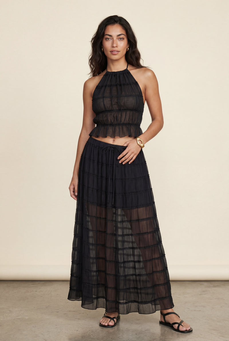 Black Sheer Tiered Halter Maxi Skirt Set with Ruched Crop Top - Maxi dress - Photo 2