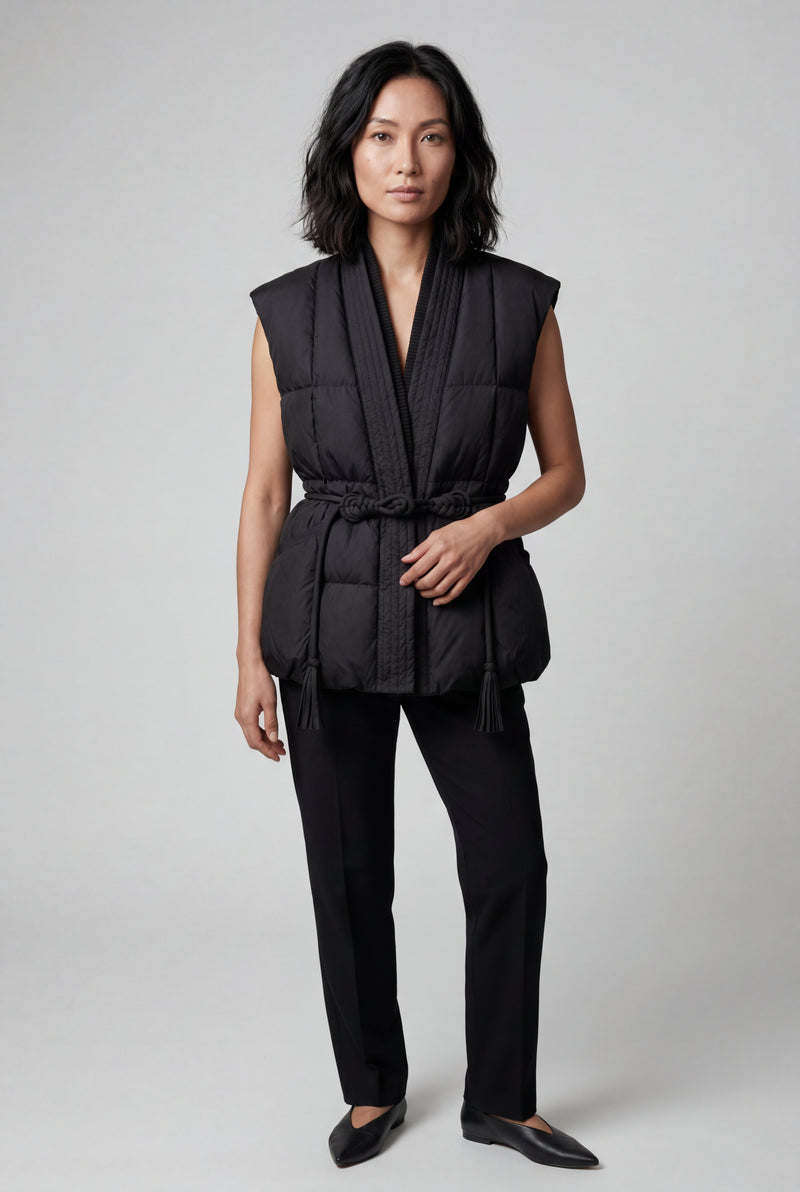 Black Sleeveless Belted Padded Bodywarmer Vest with Rope Belt - Bodywarmers - Photo 1