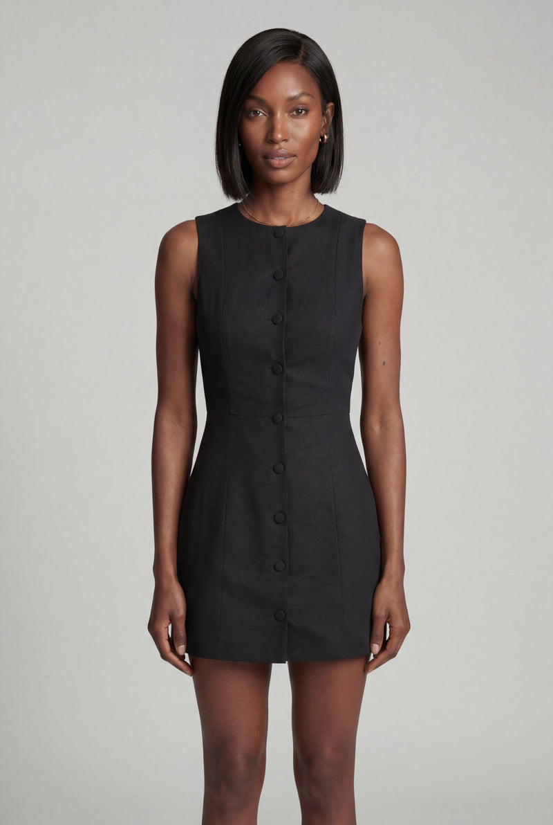 Black Sleeveless Button-front Fitted Mini Dress - Photo 1