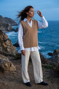 Khaki Sleeveless V-neck Knitted Sweater Vest with Ribbed Hem - V neck sweater - Photo 9