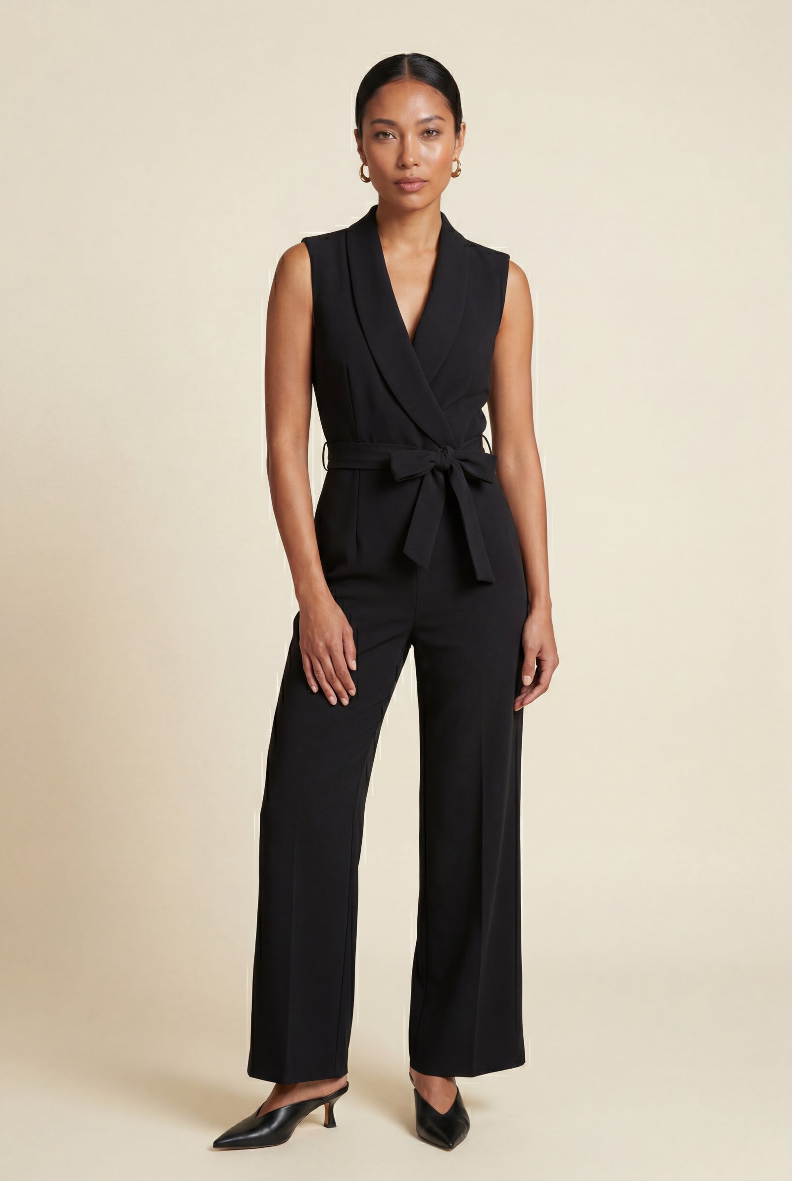 Black Sleeveless Wrap Wide-leg Jumpsuit with Self-tie Belt - Wrap jumpsuit - Photo 1