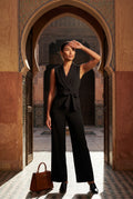 Black Sleeveless Wrap Wide-leg Jumpsuit with Self-tie Belt - Wrap jumpsuit - Photo 7