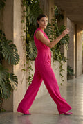 Pink Sleeveless Wrap Wide-leg Jumpsuit with Self-tie Belt - Wrap jumpsuit - Photo 9