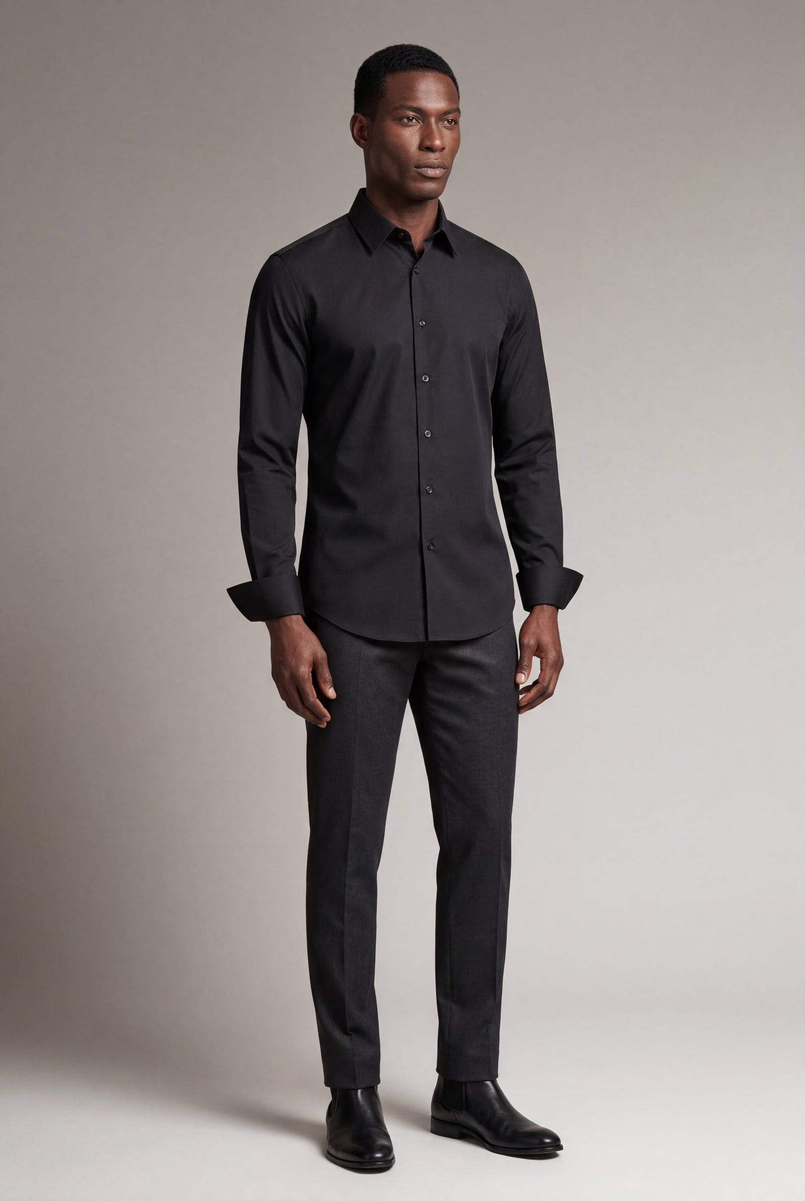 Black Slim Fit Classic Collar Long Sleeve Button-up Shirt - Casual Shirts - Photo 2