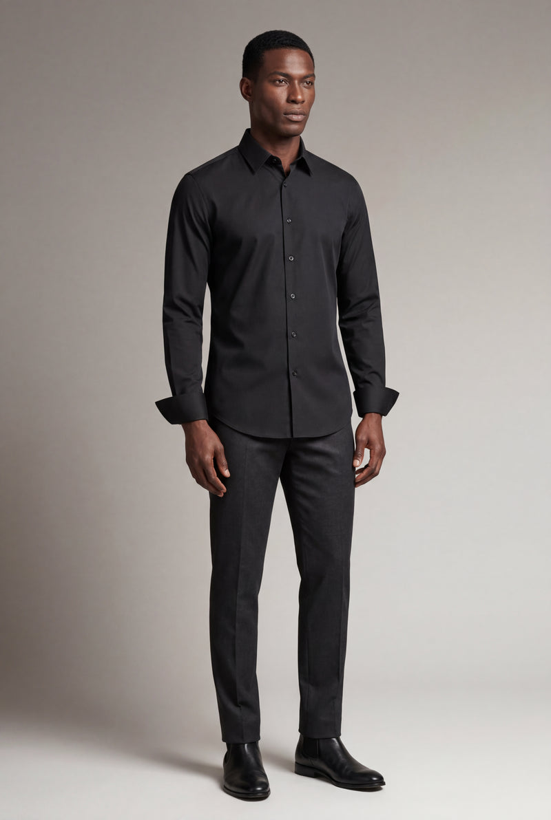 Black Slim Fit Classic Collar Long Sleeve Button-up Shirt - Casual Shirts - Photo 2