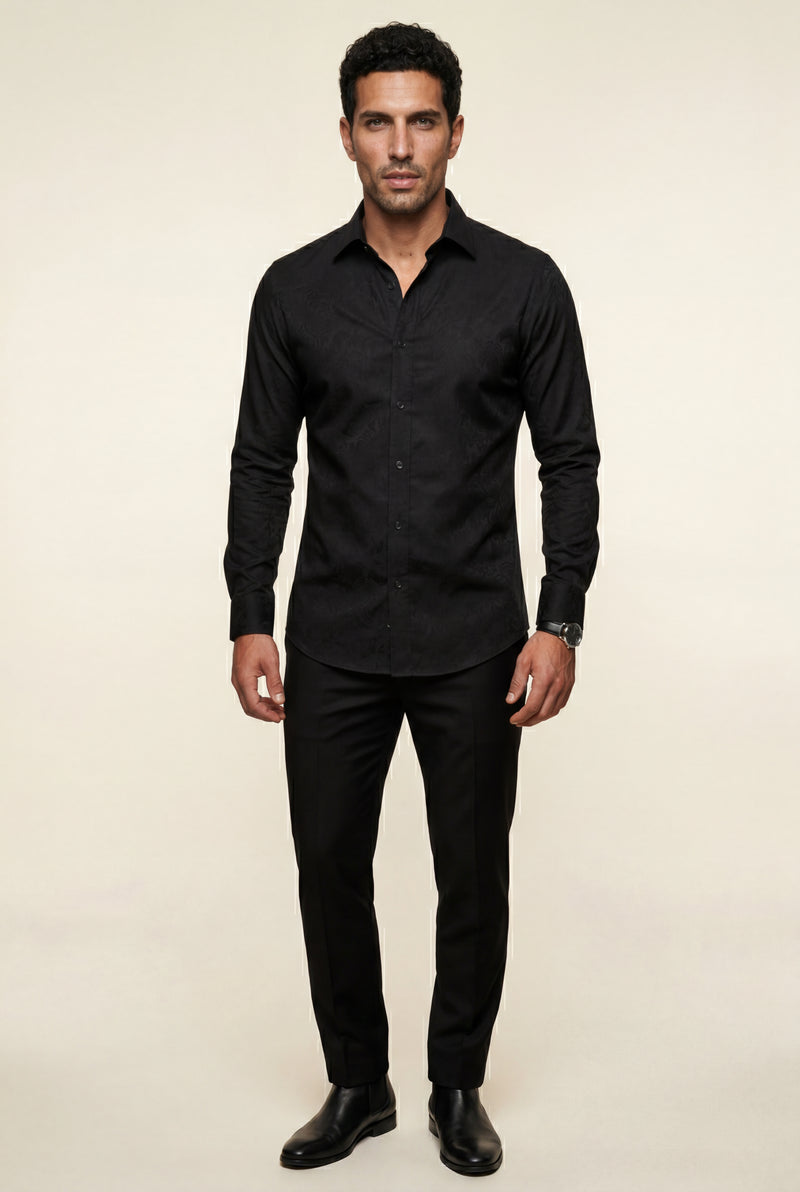 Black Slim Fit Long Sleeve Dress Shirt with Spread Collar - Dress Shirts - Photo 4