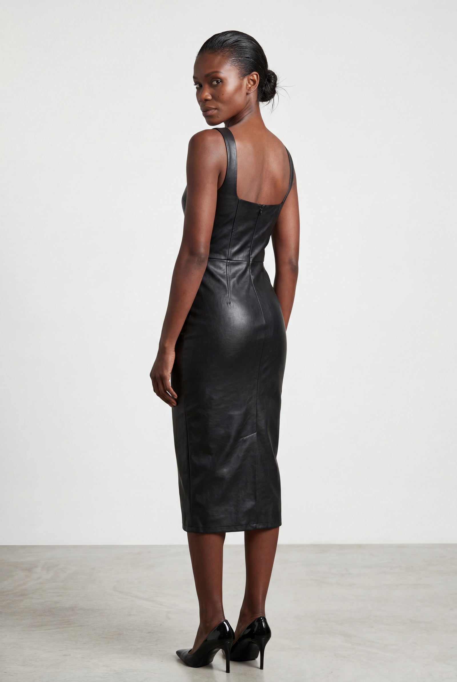 Black Square Neck Faux Bodycon Midi Dress - Photo 2