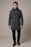 Black Stand Collar Slim Fit Winter Coat with Button Tab - Slim fit winter coats - Photo 1
