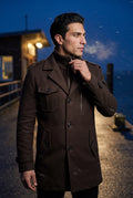 Dark Brown Stand Collar Slim Fit Winter Coat with Button Tab - Slim fit winter coats - Photo 14