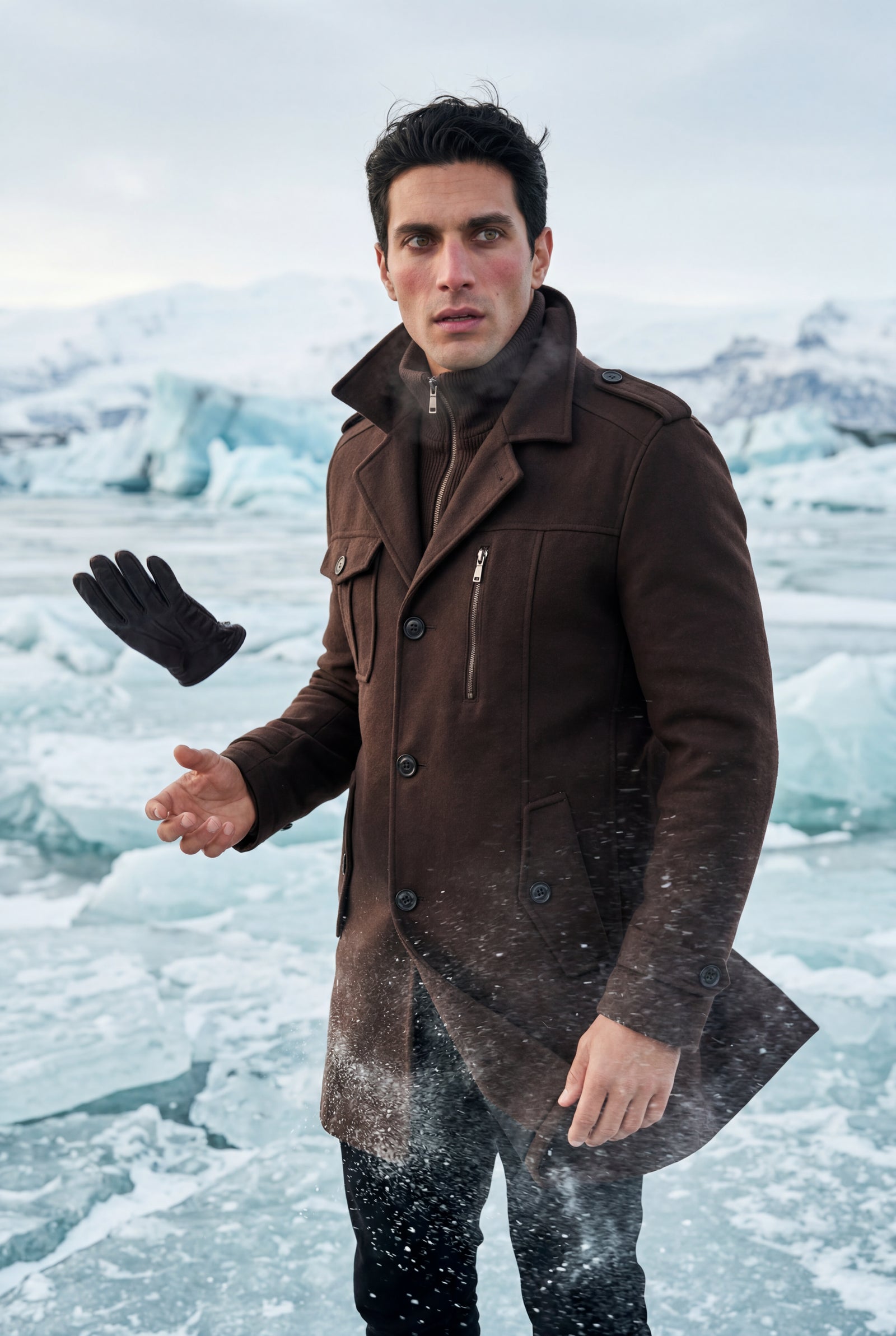 Dark Brown Stand Collar Slim Fit Winter Coat with Button Tab - Slim fit winter coats - Photo 15