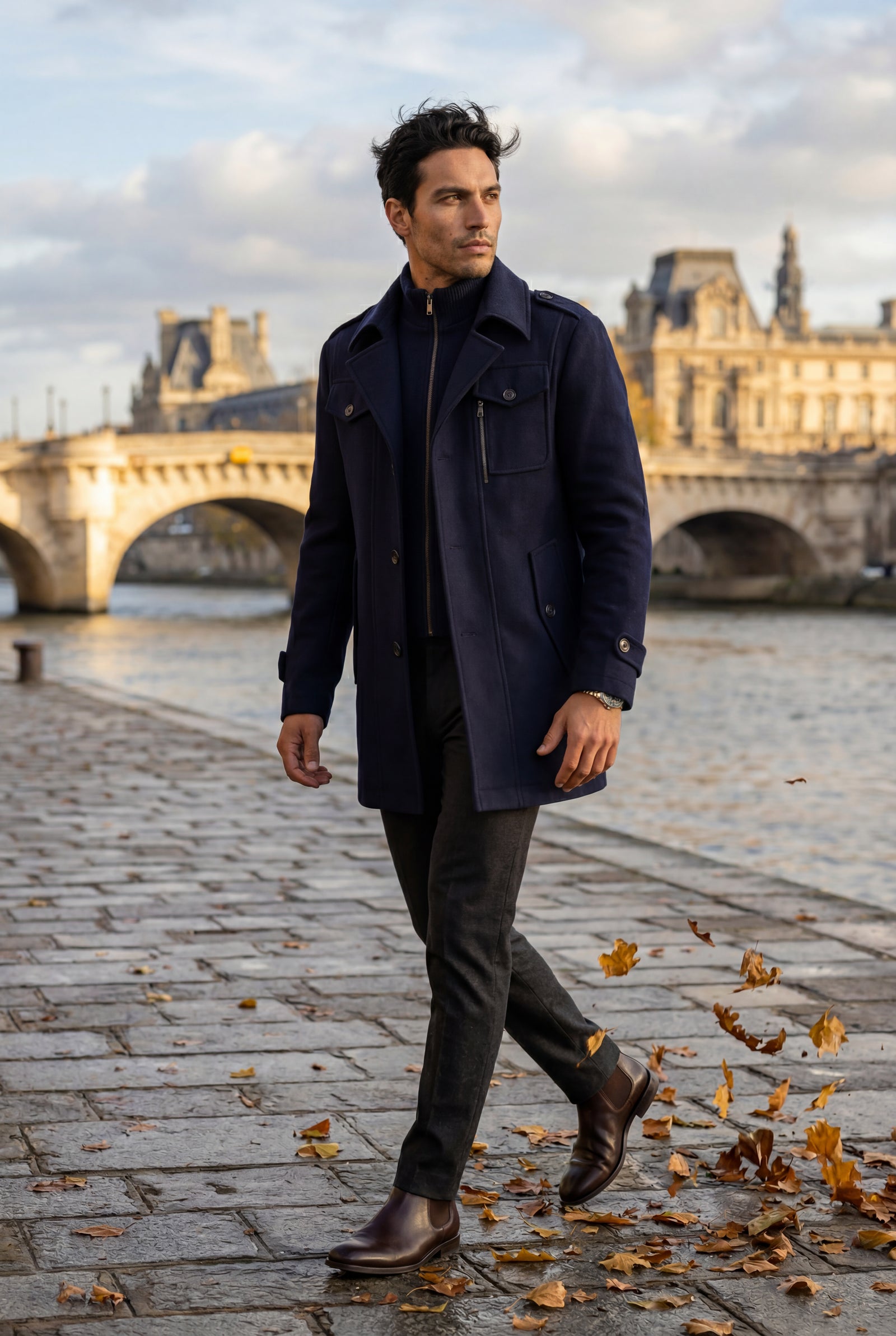 Navy Blue Stand Collar Slim Fit Winter Coat with Button Tab - Slim fit winter coats - Photo 19