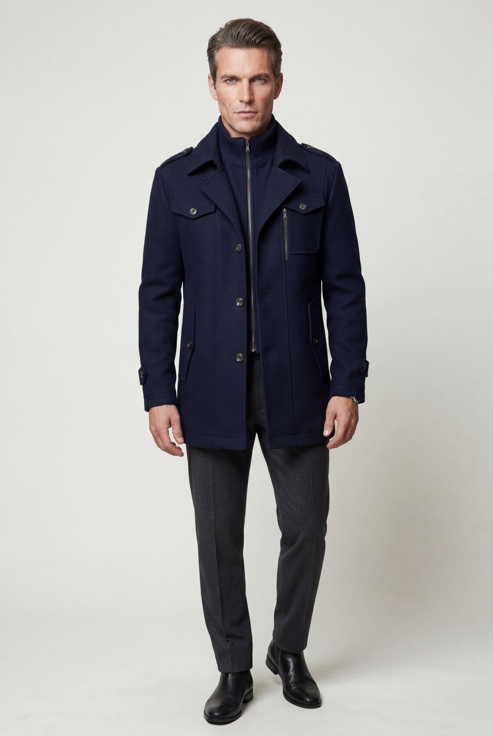 Navy Blue Stand Collar Slim Fit Winter Coat with Button Tab - Slim fit winter coats - Photo 4