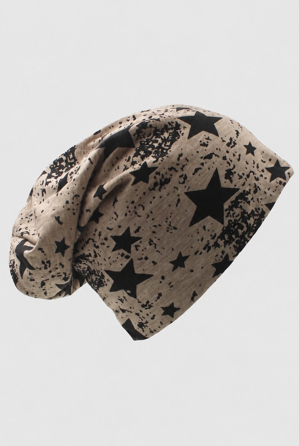 Jersey Knit Slouch Beanie in Black Star — studio front
