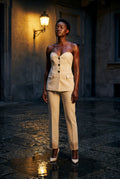 Cream Strapless Sweetheart Neckline Tailored Evening Pantsuit - Photo 7