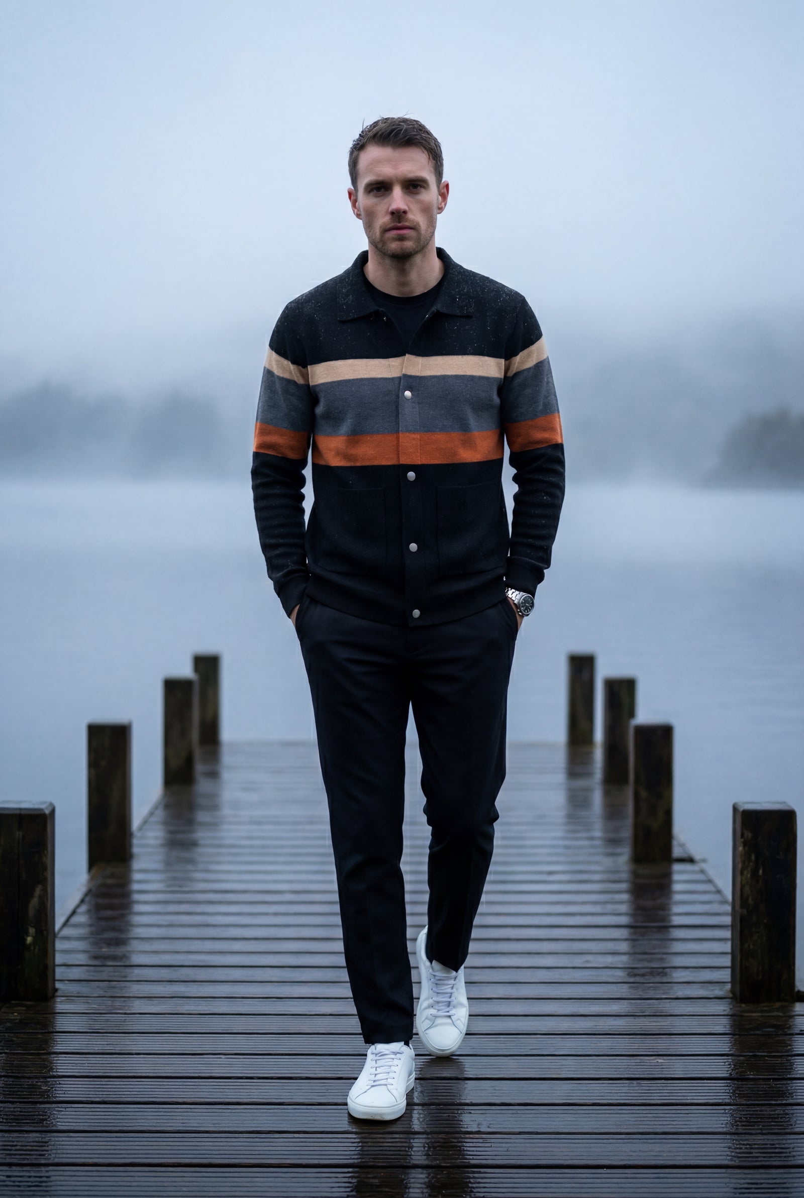 Orange Striped Button-up Cardigan with Double Front Pockets - Photo 12