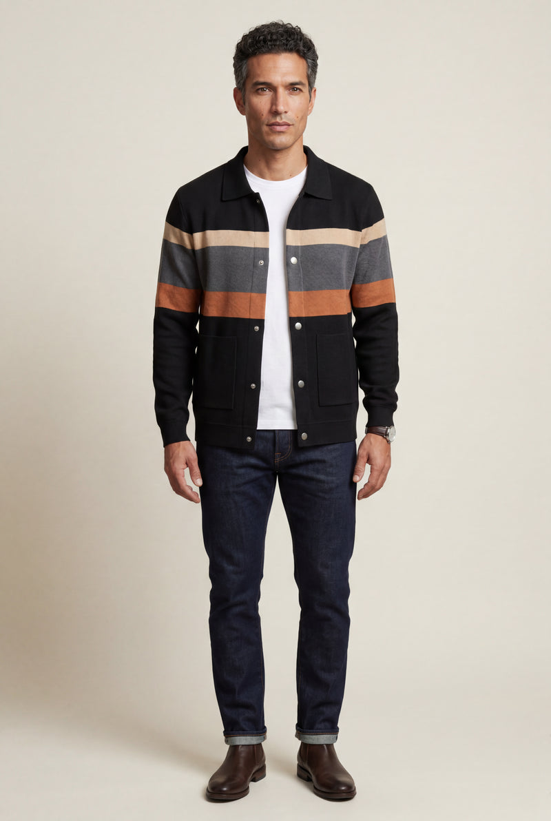 Orange Striped Button-up Cardigan with Double Front Pockets - Photo 2