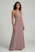 Brown Striped Halter Neck A-line Maxi Dress with Deep V - Photo 6