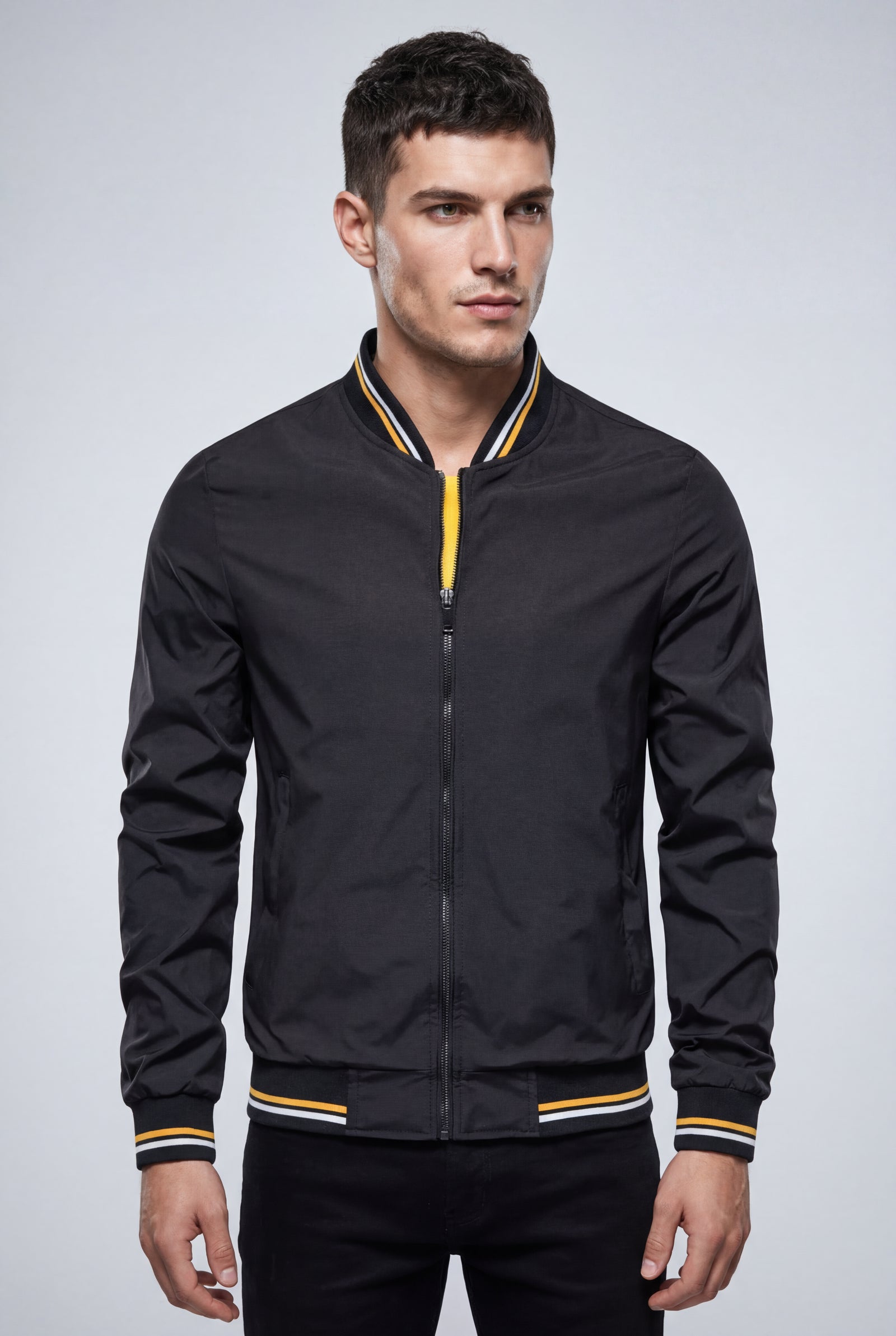 Black Striped Ribbed Trim Slim Fit Bomber Jacket - Photo 4