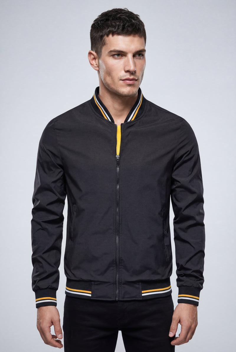 Black Striped Ribbed Trim Slim Fit Bomber Jacket - Photo 4