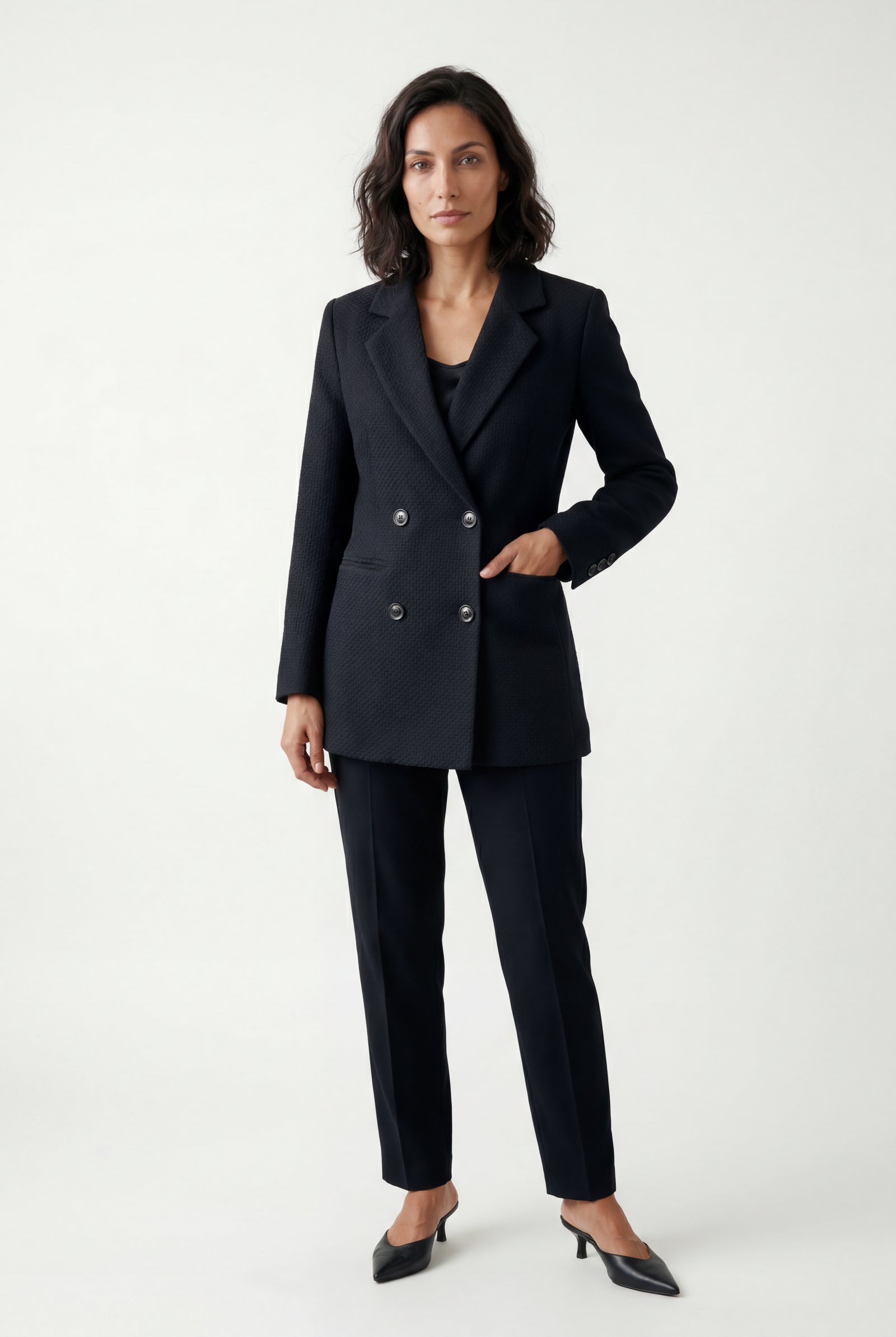 Black Structured Double-breasted Blazer with Notched Lapels - Double breasted blazer - Photo 3