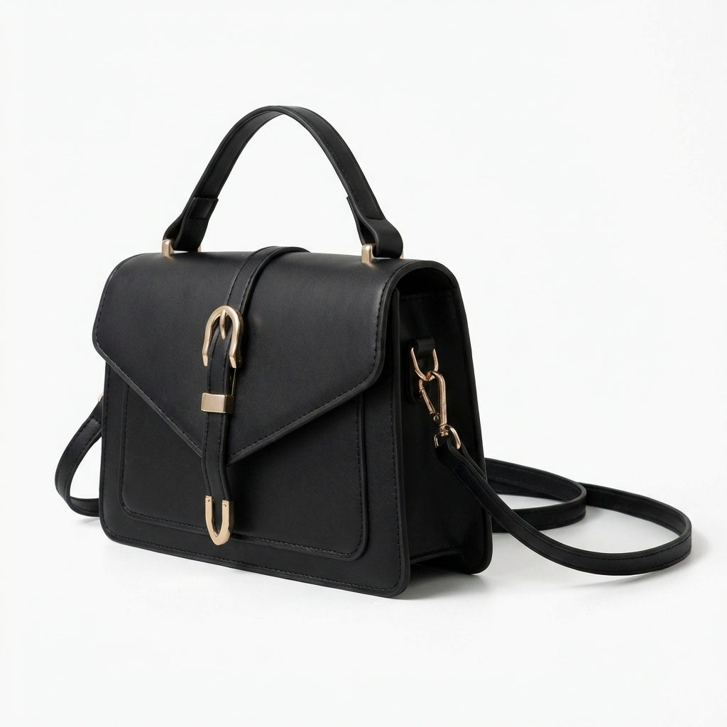 Black Structured Mini Crossbody Bag with Buckle Detail - Photo 1