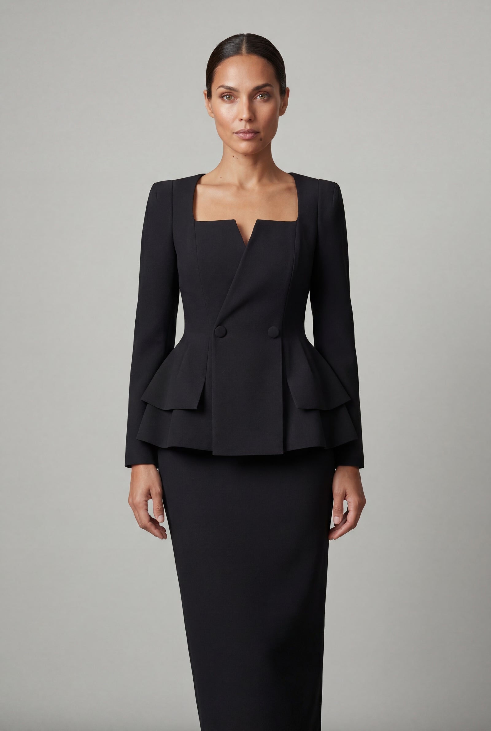 Black Structured Peplum Skirt Suit with Square Neckline - Photo 3