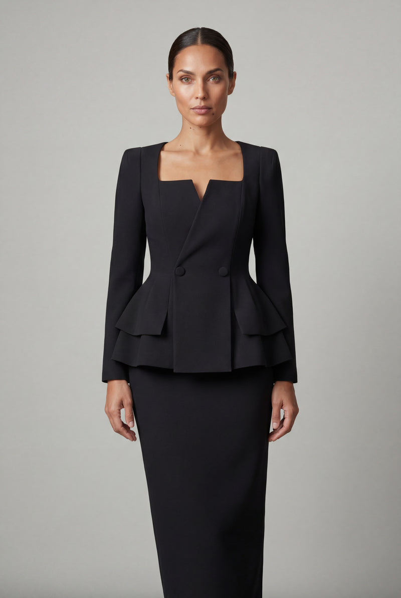 Black Structured Peplum Skirt Suit with Square Neckline - Photo 3