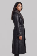 Teddy-Trim Belted Coat in Black — side profile