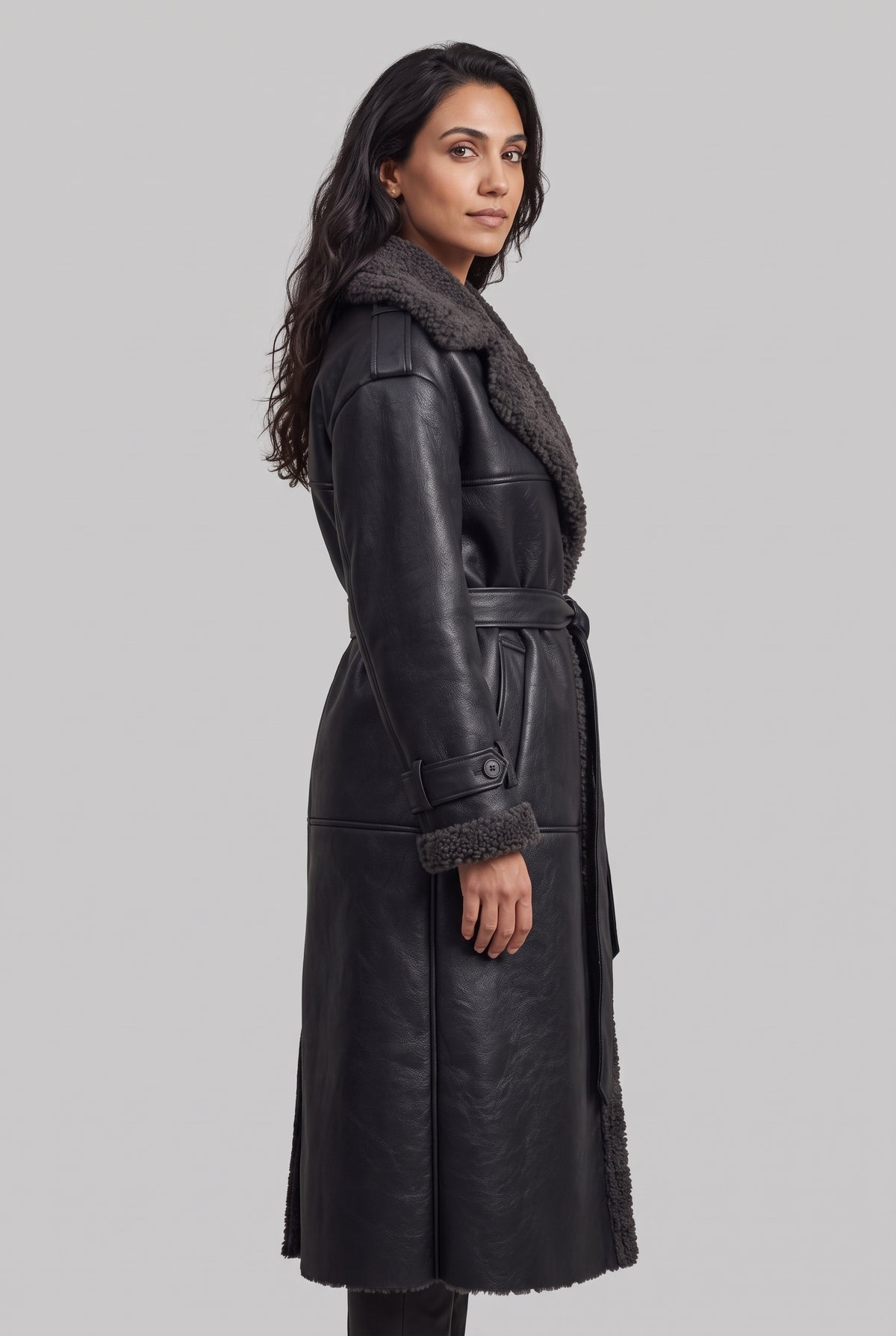 Teddy-Trim Belted Coat in Black — side profile