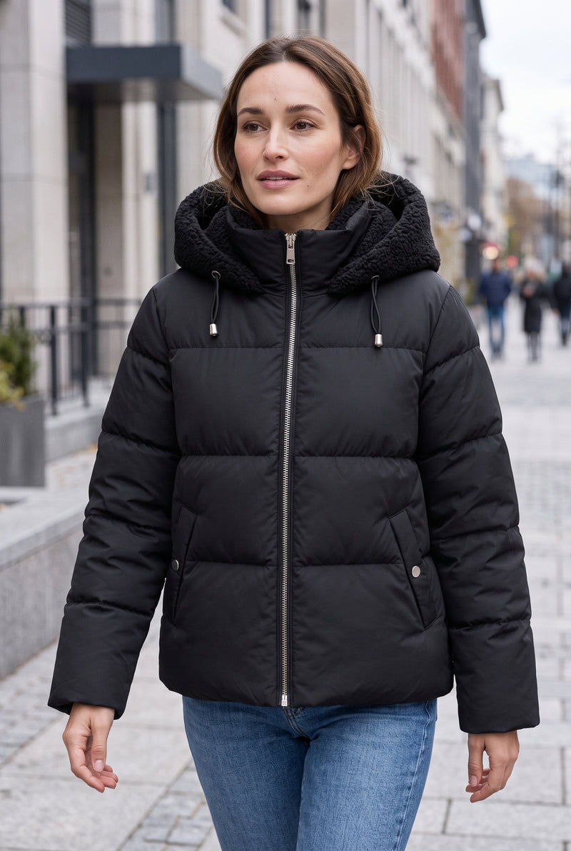 Teddy-Lined Hooded Puffer Jacket in Black — lifestyle